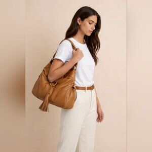 Jane Bolinger 15"x17"x5" Tan Leather Shoulder Bag Hobo Gold Hardware Very Clean